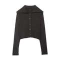 Dark grey ribbed knit cardigan with wide lapel and button closure in a flat lay view - S / Dark Gray
