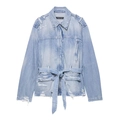 Light blue washed denim jacket with waist belt and distressed fringe details - XS / Light Blue