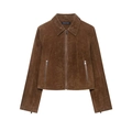 Chaqueta de ante marrón oscuro para mujer con cuello de solapa y bolsillos con cremallera - XS / Marrón Oscuro