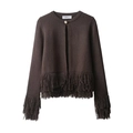 Dark brown round neck knit cardigan with fringe hem and vintage button closure - S / Dark Brown