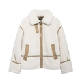 Women's faux shearling jacket with cream fleece and khaki trim in a flat lay view - XS / Off White
