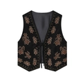 Ethnic style black embroidered vest with brown floral patterns and front lace-up closure - XS / Black