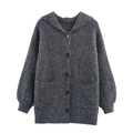 Dames oversized donkergrijs gebreid vest met capuchon, knopen en grote zakken - Eén maat / Grijs