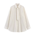 Relaxed vertical striped shirt with matching necktie in beige and dark navy for women - XS / Off White