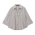 Camicetta donna in misto lino a righe con colletto a rever e maniche larghe - XS / Marrone Scuro