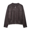 Women's dark gray faux suede round neck bomber jacket with metal zipper closure - XS / Reddish Brown