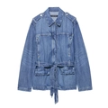 Chaqueta larga de mezclilla con cinturón y cuello vuelto en tejido de algodón azul - XS / Azul