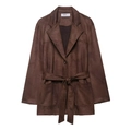 Chaqueta de ante sintético marrón oscuro para mujer con solapa y cinturón ajustable - XS / café
