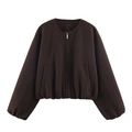 Women's cropped dark brown bomber jacket with silver zipper and structured puff sleeves - Brown