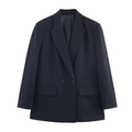 Women's double-breasted navy blazer with classic lapels and flap pockets in vertical texture - Striped