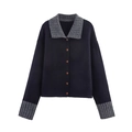 Dunkelblauer und grauer Kontrast-Strickcardigan mit Polokragen und Knöpfen - Einheitsgröße / Schwarz