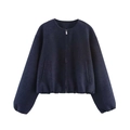 Women's dark blue soft bomber jacket with silver zipper and cozy fleece texture - Navy Blue
