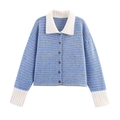 Damen Strickjacke mit blau-grauen Streifen, Kontrastkragen und Knopfleiste vorne - Einheitsgröße / Blau