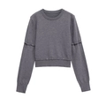 Chic grey knit sweater with decorative buttons and detachable long sleeves for women - S / Gray