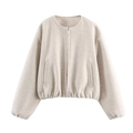 Women's soft oat-colored bomber jacket with round neck and full zipper closure - Khaki