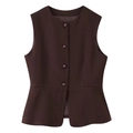 Detail of deep brown peplum vest showing round neck and single-breasted button closure - Brown