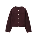 Women's burgundy knit bomber jacket with gold buttons and a classic round neck - XS / Red