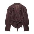Deep brown faux suede jacket for women with layered shoulder design and waist tie - S / Dark Brown