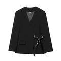 Schwarzer kragenloser Wickelblazer für Damen mit seitlicher Lederschleife und V-Ausschnitt - S / Schwarz