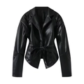 Women's black faux leather jacket with waist tie and structured pleated shoulders - S / Black