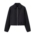 Minimalistische schwarze kurze Zip-Jacke mit spitzem Kragen und strukturiertem Twill - XS / Schwarz