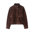 Dunkelbraune Bomberjacke aus Wildlederimitat mit Stehkragen und großen Pattentaschen - XS / Kaffeebraun