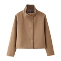 Close-up of brown short wool jacket with stand collar and four matching round buttons - Earthy Yellow