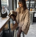 Women's oversized khaki cable knit sweater with a relaxed crew neck for winter style - S / Tops / Light Khaki