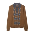 Polo en maille marron à manches longues avec col contrasté et motif à losanges devant - S / Brun Foncé