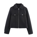 Minimalistische schwarze Wolljacke für Damen mit Metallreißverschluss und Utility-Taschen - XS / Schwarz