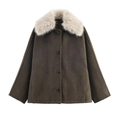 Dunkelgrüne Jacke aus Wildlederimitat mit plüschigem Kunstfellkragen und Knopfverschluss - S / Dunkelbraun