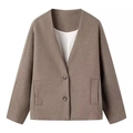 Women's minimalist loose fit V-neck wool coat in dark brown with button front and pockets - S / Tan