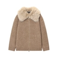 Brown knit cardigan jacket with faux fur collar and metal zipper closure for women - S / Camel