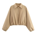 Women's light khaki cropped puffer bomber jacket with zip-up front and elastic hem - S / Khaki