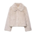 Faux fur short jacket in light beige with oversized collar and zipper closure for women - XS / Off White