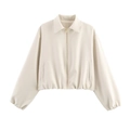 Women's cream faux leather puffer jacket with gold zipper and elastic hem on white background - S / White