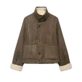 Detail of loose-fit brown faux suede jacket with warm white shearling lining and large pockets - XS / Vintage Brown