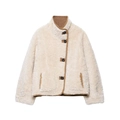 Detail of faux shearling jacket featuring brown suede contrast trim and button closure - S / Reversible