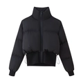 Women's black cropped puffer jacket with high collar and ribbed hem in matte finish - S / Black
