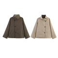 Chaqueta cortavientos reversible de cuello alto en verde militar y patrón de cuadros - S / Café Claro