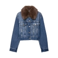 Chaqueta vaquera azul con cuello de piel sintética marrón y botones en corte corto - XS / Azul