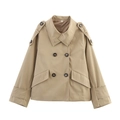Klassieke kaki korte double-breasted trenchcoat met brede revers en schouderbanden - XS / Khaki