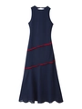 Dettaglio abito lungo blu navy senza maniche con frange rosse a contrasto e girocollo - S / Blu navy