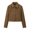 Women's brown faux suede short jacket with classic lapel and amber-textured buttons - XS / Dark Brown
