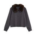 Dark grey knitted cardigan for women featuring a thick brown faux fur collar and button closure - S / Dark Gray
