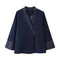 Kurze blaue Kimono-Jacke mit goldener Vintage-Stickerei und elegantem Knopfverschluss - S / Dunkelblau