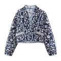 Navy floral quilted jacket with white botanical prints and open front design - XS / Navy Blue