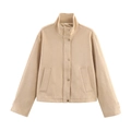 Women's minimalist khaki suede short jacket with stand collar and single-breasted buttons - XS / Khaki
