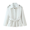 Short cream trench coat with notched lapel and belted waist in a flat lay view - S / White