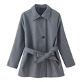 Elegante abrigo de lana gris media longitud con cuello doble y cinturón de lazo - XS / Gris